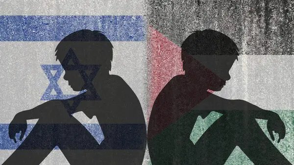 Israel Vs Palestine. Silhouette of sad children sitting with their backs turned