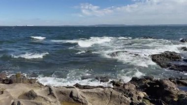 Okyanus dalgaları vahşi bir kıyıya çarpıyor.