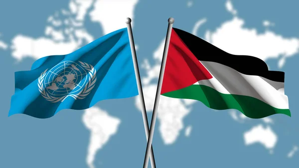 The United Nations flag and the Palestinian flag fly together