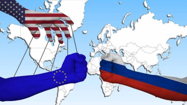 The Europe is led by the USA, like a puppet, for the war against Russia, in the background, the blurred map of the world clipart