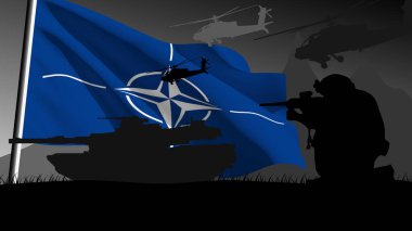 NATO savaşa girmeye hazır. Ülkenin bayrağı dalgalanan askeri araçların silueti.