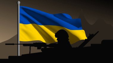 Ukrayna savaşa hazır. Ülkenin bayrağı dalgalanan askeri araçların silueti.