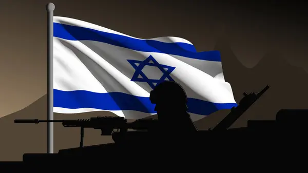The Israel is ready for war, silhouette of military vehicles with the country's flag waving