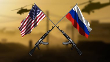 Rusya, ABD 'ye karşı, iki ülkenin bayraklı iki çapraz tüfek, bir savaş bölgesinin bulanık arka planına karşı.