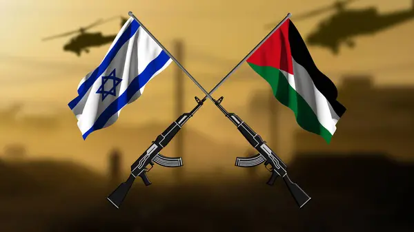 Israel versus Palestine, two crossed rifles with the flags of the two countries, against a blurred background of a war zone