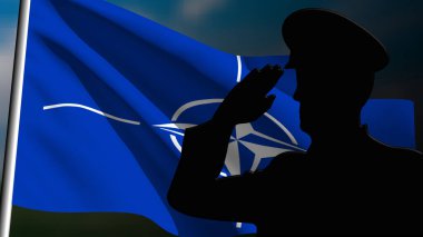 The silhouette of a soldier salutes the Nato flag clipart