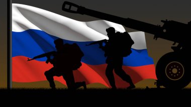 İki askerin silueti ve arkasında Rus bayrağı olan bir savaş topu.