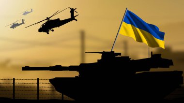 Ukrayna bayrağının dalgalandığı savaş bölgesinde bir tankın silueti, arka planda uçan helikopterler.