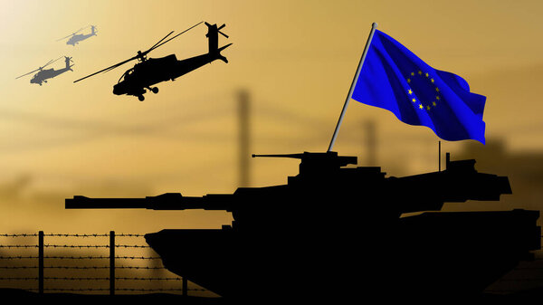 Силуэт танка в зоне боевых действий с европейским флагом, вертолеты на заднем плане