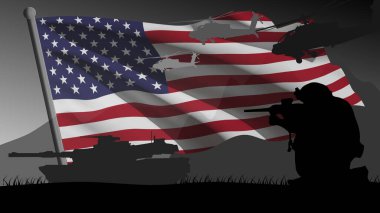 ABD savaşa hazırlanıyor. Arkasında ülkenin büyük bayrağı olan bir savaş bölgesinin silueti.