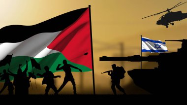 İsrail askerlerine karşı Filistinli protestocuların silueti, arka planda bulanık bir savaş alanı ile