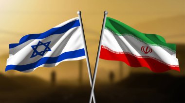 İsrail İran 'a karşı, iki ülkenin bayrakları dalgalanıyor, arka planda bulanık bir manzara var.