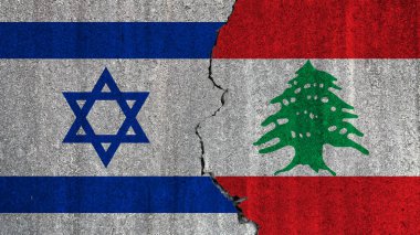 İsrail, Lübnan 'a karşı, iki ülkenin bayrakları bir çatlakla ayrılmış beton bir duvara boyanmış.