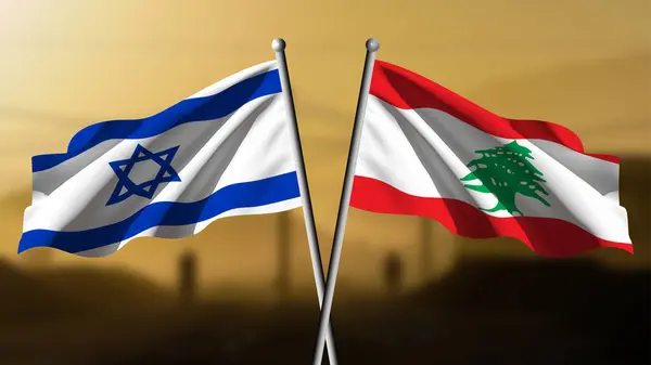 stock image Israel against Lebanon, the flags of the two countries are waving, with a blurred landscape in the background