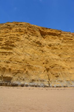 Dünya mirası Jurassic Coast 'ta kaya katmanı ve erozyonu gösteren kayalık yüz Hive Sahili, Burton Bradstock, Dorset, İngiltere