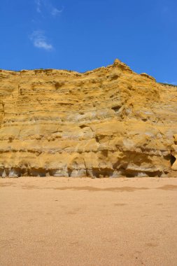 Dünya mirası Jurassic Coast 'ta kaya katmanı ve erozyonu gösteren kayalık yüz Hive Sahili, Burton Bradstock, Dorset, İngiltere