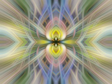 Digital art, 3d illustration, abstract fractal symmetrical pattern in yellow, green, blue  and pink