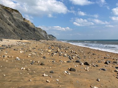 View of East Beach, world renowned for its fossils, and cliffs on the Jurassic Coast, Charmouth, Dorset, England