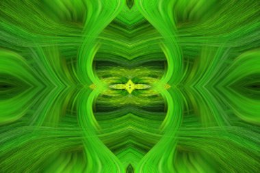 Dijital sanat, üç boyutlu illüstrasyon. Parlak yeşil soyut aynalı simetrik desen