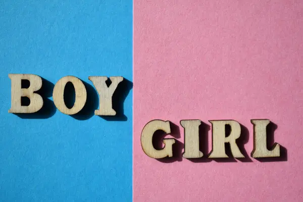 Oğlan Kız Alfabe Harflerindeki Kelimeler Mavi Pembe Cinsiyet Kalıpları — Stok fotoğraf