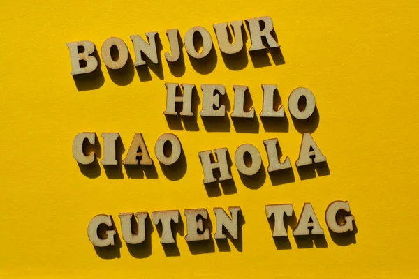 Hello, word in different European languages including French, English Italian, Spanish and German
