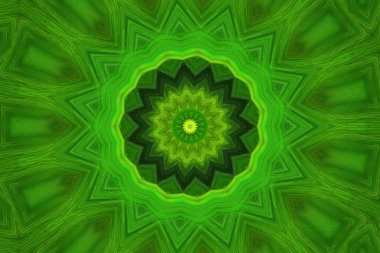 Dijital sanat, 3 boyutlu illüstrasyon, parlak yeşil geometrik kaleydoskop