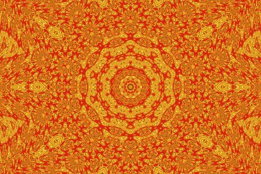 Dijital sanat, üç boyutlu illüstrasyon. Sarı, kırmızı, turuncu ve kahverengi olarak simetrik ve karmaşık desen