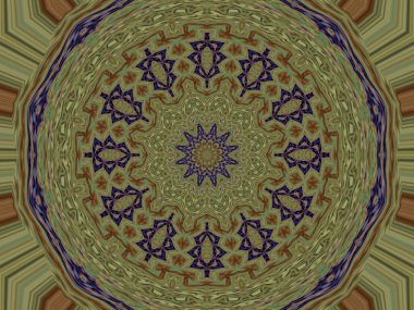 Dijital sanat, üç boyutlu illüstrasyon. Karmaşık soyut mor ve yeşil kaleydoskop deseni 