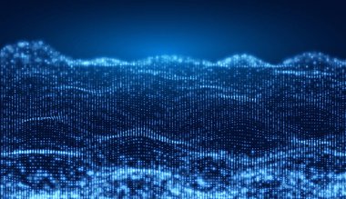 Dinamik mavi parçacık dalgası. Dijital yapıyı aktar. Soyut ses canlandırması. Ağ manzarası veya şebeke veri teknolojisi