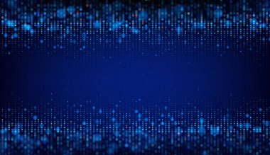 Rastgele programlama kodu parçaları ve dijital veri matrisinin yer aldığı soyut mavi arkaplan, yazılım ve dijital yenilikler için geleceksel bir teknoloji kavramını somutlaştırıyor