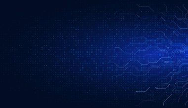 Bağlı mavi çizgiler, elektronik elementler ve ileri dijital kavramlar için bir çip, işlemci ve yarı iletken içeren bir anakart içeren soyut yapay zeka devre kartı arka planı