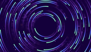 Dairesel çizgiler ve nokta ağları olan sarmal teknolojik arka plan. Veri akışını simgeleyen soyut parlayan parçacık çemberi. Büyük veri iletim konsepti ve internet bağlantısı görsel