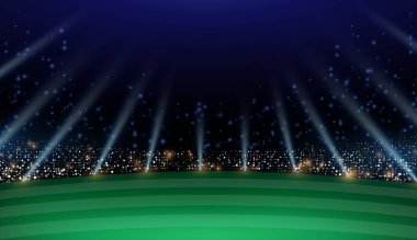 Gece kriket stadyumunun canlandırması. Canlı ışıklandırma efektleriyle birlikte vektör tarzında çekilmiş. Parlayan futbol gecesi stadyumu detaylı vektör tasarımı ile, atmosferle dolu.