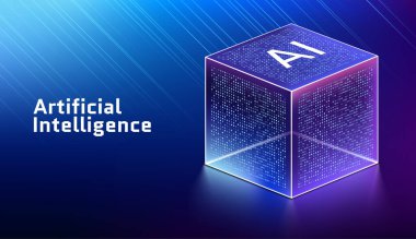 Yapay Zeka Sunucusu Büyük Veri Makinesi Öğrenme Algoritmaları 3D küp izometrik simge görselleştiriyor veri depolama hesaplama verimliliği yapılandırılmış işlem teknolojisi gelişimi.