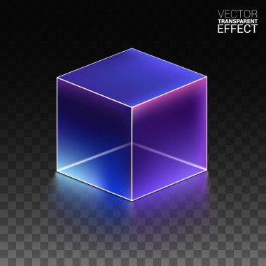 Şeffaf arka planda holografik kırılma olan 3D şeffaf cam kare. Dağılım ışığı ve gökkuşağı gradyanı fütürist estetiği güçlendirir. Yüksek teknolojili markalar ve görseller için ideal.