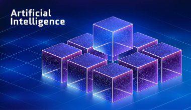 Büyük veri depolama teknolojisini temsil eden soyut veri küpü arkaplanı. Modern vektör illüstrasyon bilgi sunucularını, veri bilimini ve gelişmiş bilgisayar algoritmalarını gösterir