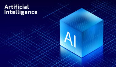 Yapay Zeka sunucusu 3D küp izometrik ikon Büyük Veri depolama makinesi öğrenme algoritmaları veri teknolojisi bilgisayar teknolojisi vektör çizimi dijital işleme.