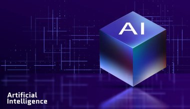 Yapay Zeka 3D yüksek teknoloji küp Büyük Veri Makinesi öğrenme sunucu konsepti arka plan ışığı iş sunucu güvenliği HUD tasarım elementi sıralama alan efekti derinliği.