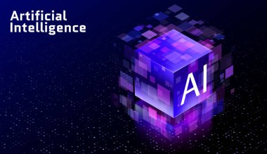 Yapay Zeka Büyük Veri depolama teknolojisi soyut veri küpü arkaplan modern teknoloji sancak bilgi sunucu veri bilimi bilgisayar bilimi algoritmaları vektör illüstrasyonu.