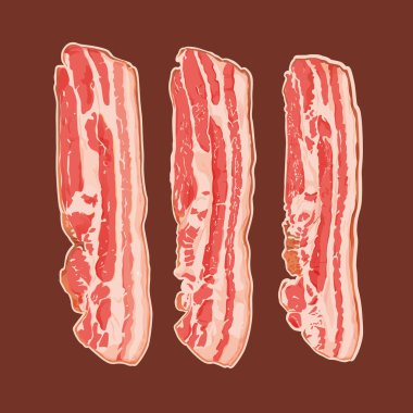 Raw bacon slices flat vector illustration. Tasty breakfast meal ingredient isolated clipart.