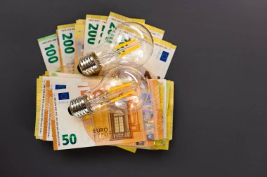 AB 'de elektrik maliyetleri. Elektrik faturalarının ödenmesi. Koyu gri arka plan üzerinde ampuller ve avro banknotları belirlendi. Enerji sektöründeki kriz. Artan elektrik fiyatları. Elektrik faturaları. 