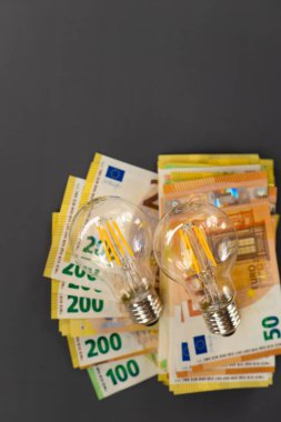 AB 'de elektrik. Elektrik faturalarının ödenmesi. Koyu gri arkaplan üzerinde ampuller ve avro banknotları belirlendi. Enerji sektöründeki kriz. Elektrik fiyatlarında artış. Elektrik faturalarının ödenmesi. 