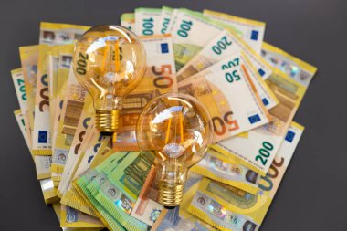 Ampuller ayarlandı ve koyu gri arka plana avro banknotları kuruldu. Enerji sektöründeki kriz. Artan elektrik fiyatları. AB 'de elektrik giderleri..