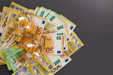 Elektrik faturalarının ödenmesi. Koyu gri arka planda ampuller ve avro banknotları. Enerji sektöründeki kriz. Elektrik fiyatları artıyor. Elektrik faturaları ödeniyor. 