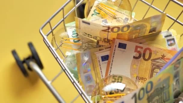Koszty Energii Elektrycznej Krajach Żarówki Banknoty Euro Wózku Sklepowym Żółtym — Wideo stockowe