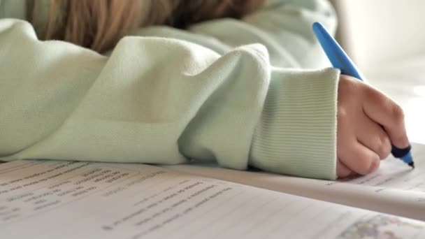 Homework Girl Green Sweatshirt Does Her Homework Study Education Concept — Stock Video