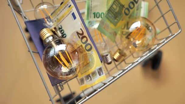 Costs Light Goods Set Euro Banknotes Supermarket Troley Beige Background — 비디오