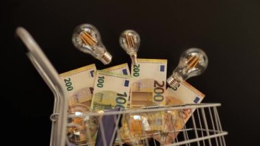 Avrupa 'da elektrik fiyatı. Ampuller ve avroya yakın para siyah bir arka planda alışveriş arabasında. Elektrik faturaları. Enerji sektörü kavramında kriz. 