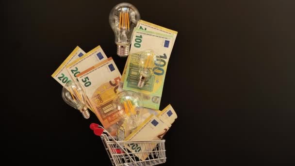 Bombillas Luz Dinero Euros Cerca Carrito Compras Fondo Negro Cámara — Vídeo de stock