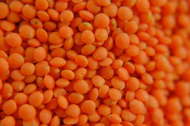 Mısır gevreği ve baklagiller. Portakallı mercimek, yakın plan. Mercimek Groats arka plan. Karbonhidrat yiyecekler.